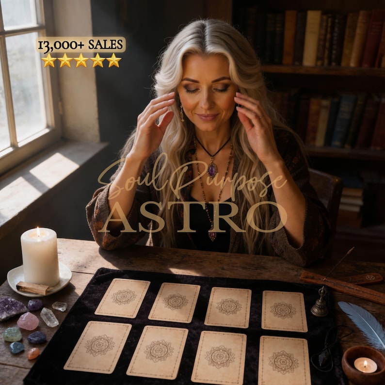 May include: A black velvet mat featuring eight rectangular cards with circular mandala designs arranged in two rows. Beside the mat are several polished gemstones, a white pillar candle, a small metal bell, and a blue feather on a wooden table.