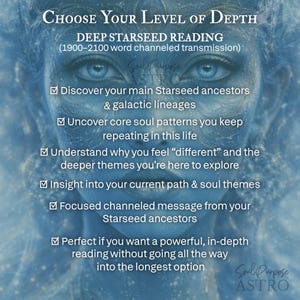 May include: Image with text: "CHOOSE YOUR LEVEL OF DEPTH" and "DEEP STARSEED READING". The image features a blue-toned illustration of a face with blue eyes. Text lists topics such as Starseed ancestors, soul patterns, and current path.