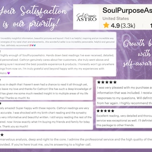May include: A purple graphic display featuring the shop name SoulPurposeAstro, a 4.9 star rating with 3.3k reviews, and 13k sales. The text reads Your Satisfaction is our priority and Growth begins with self-awareness, alongside six five-star reviews.