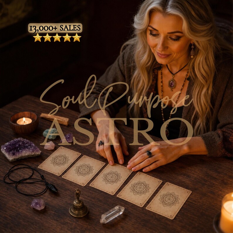 May include: Five rectangular cards with intricate circular mandala designs arranged in a row on a wooden surface. The scene includes a small brass bell, a clear quartz crystal, a purple amethyst cluster, a black pendant, and a lit candle.