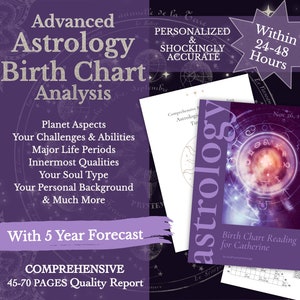 Lecture détaillée du thème astral, analyse complète du thème natal, rapport d'astrologie, lecture professionnelle d'astrologie avec prévisions sur 5 ans