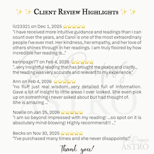 May include: A white graphic display titled Client Review Highlights featuring five-star ratings and testimonials from users liz23321, karinpage77, Ann, Noelle, and Becks. The text includes positive feedback about intuitive guidance and readings.