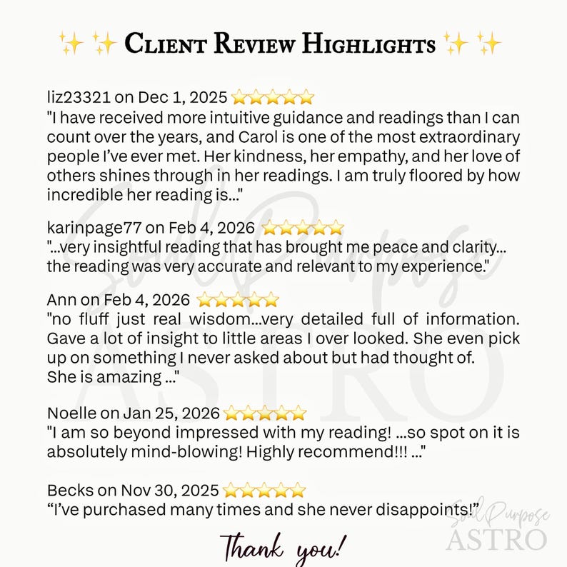 May include: A white graphic display titled Client Review Highlights featuring five-star ratings and testimonials from users liz23321, karinpage77, Ann, Noelle, and Becks. The text includes positive feedback about intuitive guidance and readings.