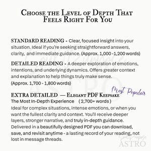 May include: A white informational document titled Choose the Level of Depth That Feels Right For You. It lists three service tiers: Standard Reading, Detailed Reading, and Extra Detailed Elegant PDF Keepsake, with word counts and descriptions.