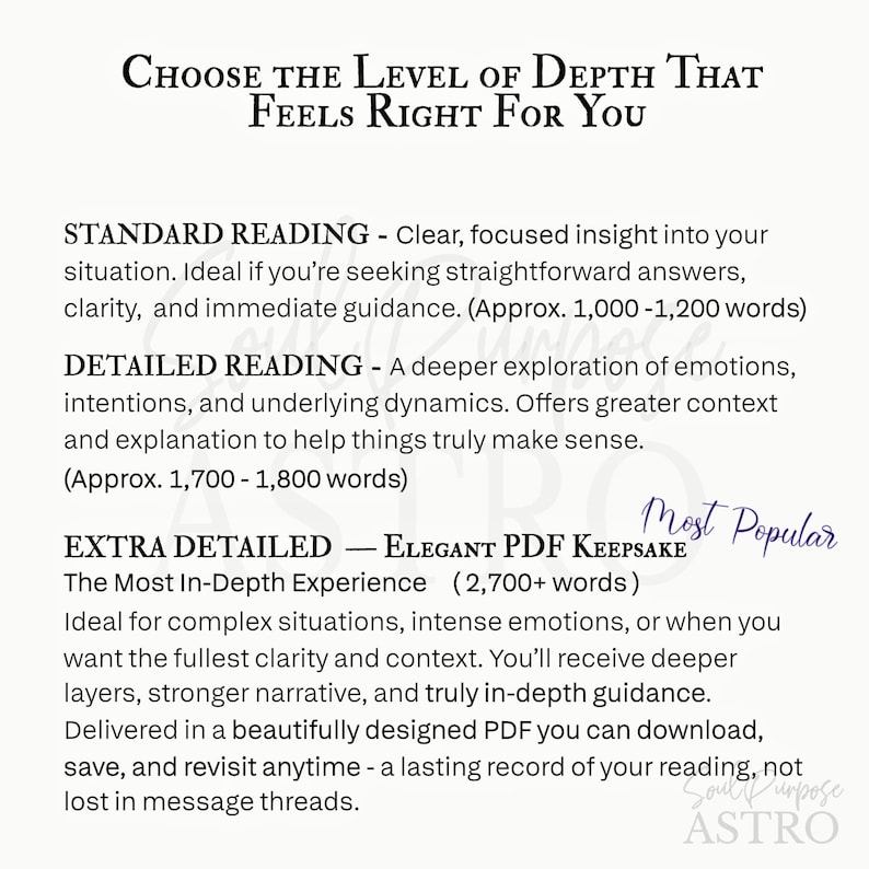 May include: A white informational document titled Choose the Level of Depth That Feels Right For You. It lists three service tiers: Standard Reading, Detailed Reading, and Extra Detailed Elegant PDF Keepsake, with word counts and descriptions.