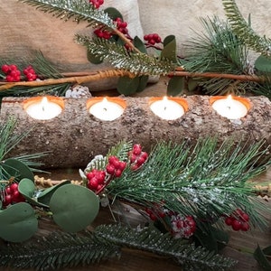 Yule Log Christmas Candles Set,  Handmade Rustic Christmas Décor, Reclaimed Wood Tea Light Candle Holders, Winter Table Setting Centerpieces
