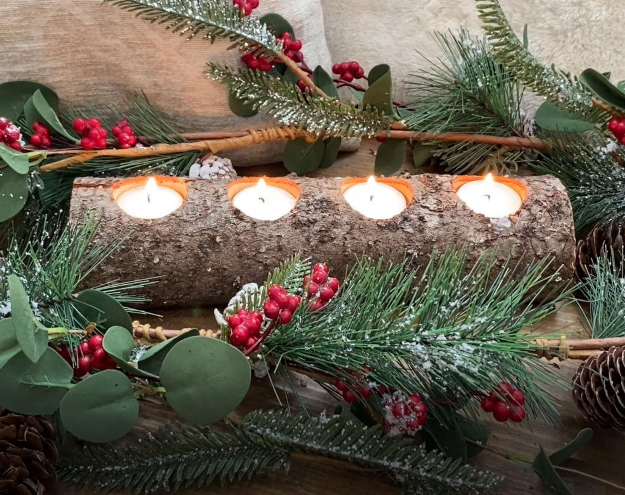 Birch yule log candle holder - Comes with tea light candle