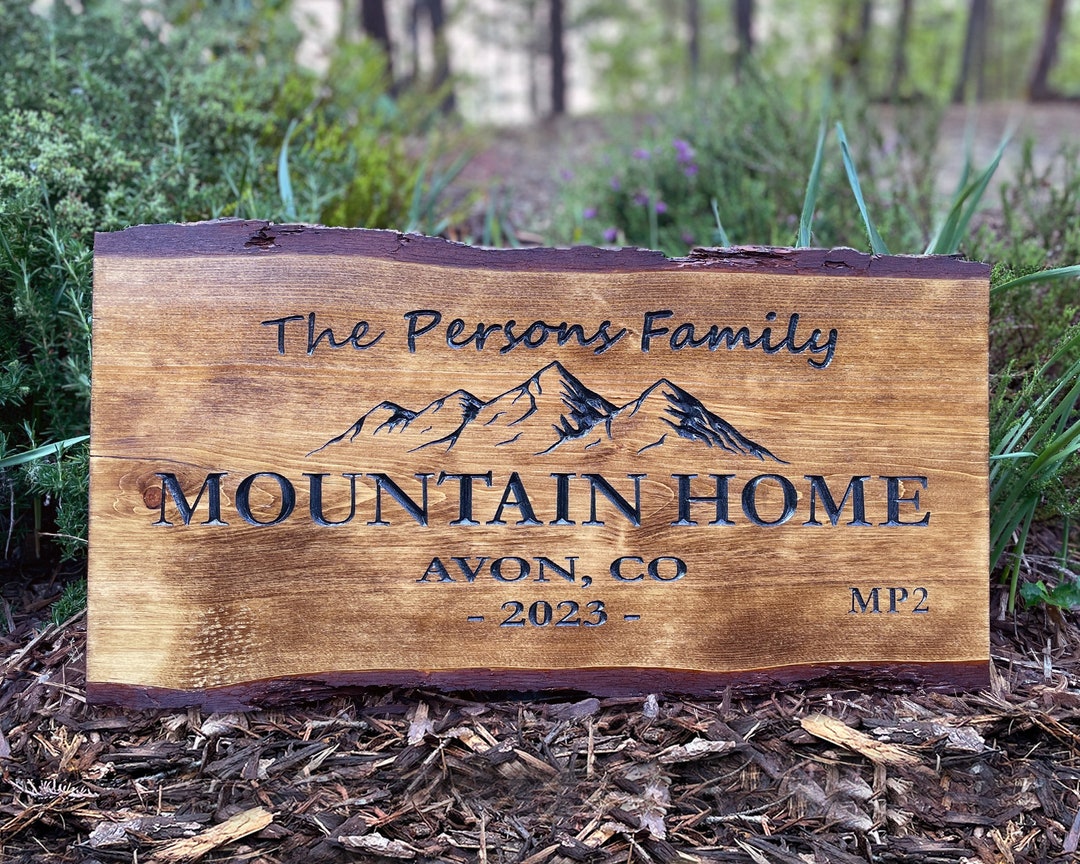 Live Edge Mountain Home Sign, Wooden Carved Cabin Sign, Custom Wood Sign, Custom Camp Sign