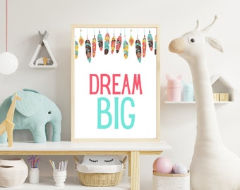 Girls Teal and Pink Dream Big Feather Nursery Artwork, Digital Download