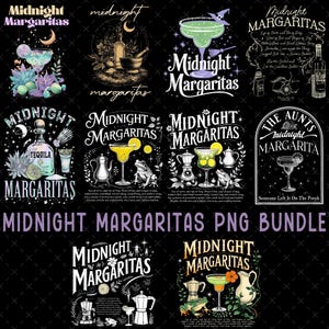 Peut inclure: Une collection numérique de douze designs graphiques Midnight Margaritas présentant des illustrations de verres à cocktail, bouteilles de tequila, grenouilles, lunes, étoiles et éléments botaniques avec du texte blanc et coloré sur fond noir.