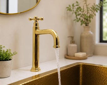 Handmade Solid Brass Bathroom Faucet, Single Hole Vanity Faucet, Cross Handle Sink Tap, Luxury Brass Vessel Sink Mixer Faucet