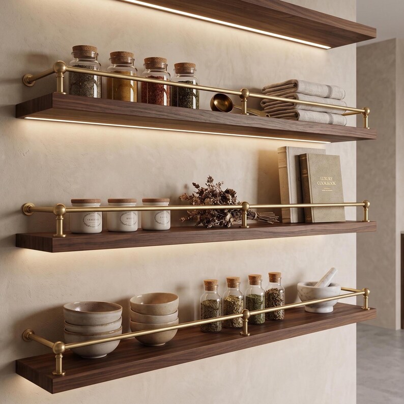 Solid Brass Gallery Rail for Floating Shelves | Kitchen Shelf Rail ...