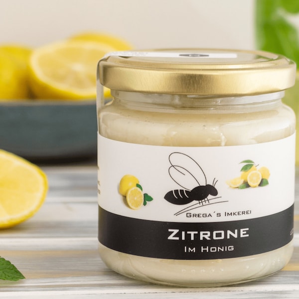 Zitrone im Honig 250g von Gregas Imkerei  | Honig von Imker mit natürlichen Zutaten | Honigsüßer Brotaufstrich | Honigsüße Geschenkidee