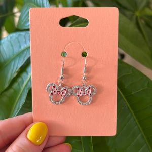 Disney Mickey Mouse earrings with silver color | Great gift for Disney lovers. Pink Bow