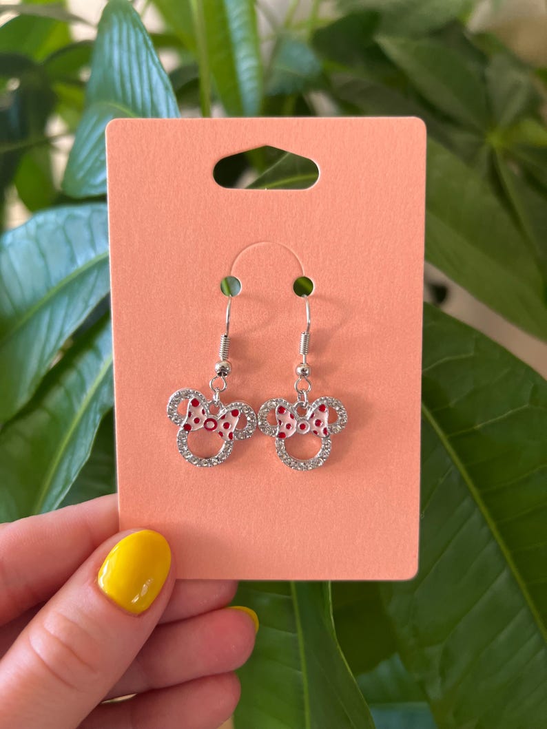 Disney Mickey Mouse earrings with silver color | Great gift for Disney lovers. Pink Bow