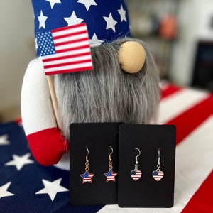 USA American Flag Earrings | Patriotic Dangle Earrings with Heart and Star charms | 4th of July gift