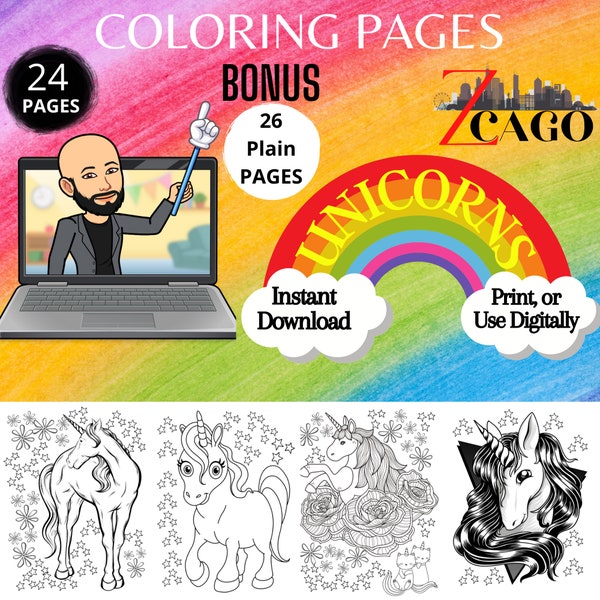 Unicorn Coloring Book | Cahier Coloriage Licorne |24 Pages + Bonus | Printable | Procreate | Digital Download | Adults | Kids | Crayon | Art