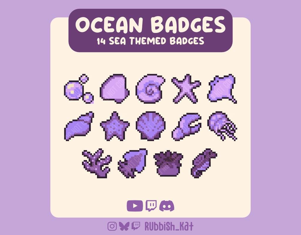 14 Purple Ocean / Sea, Themed Sub / Bits Badges | Pixel Art Badges for Twitch, YouTube, Discord & More