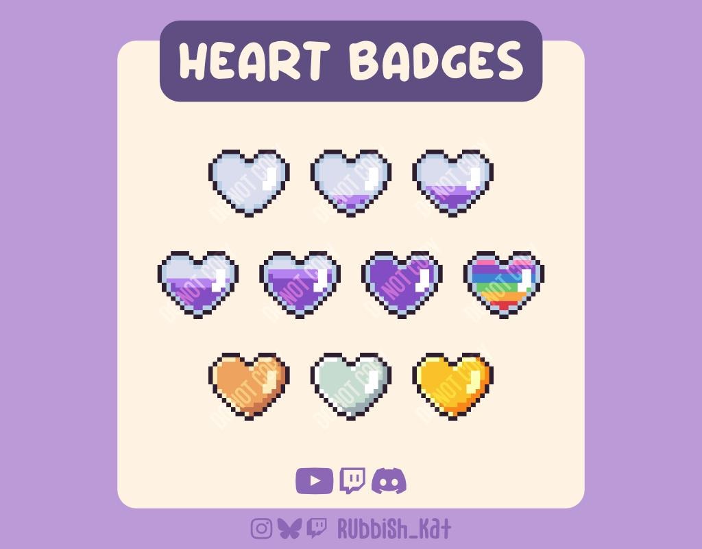 10 odznak Purple Heart Container Sub | Odznaki Pixel Art gotowe do użycia na Twitchu, YouTube, Discordzie i innych platformach