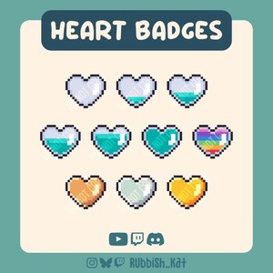 Puede incluir: Un conjunto de insignias de corazón pixeladas con diferentes niveles de relleno y colores, incluyendo azul, verde, naranja y arcoíris. El texto "HEART BADGES" está en la parte superior. Iconos de redes sociales en la parte inferior.