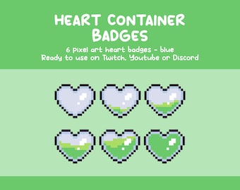 6 Green Heart Container Sub Badges | Pixel Art Badges for Twitch, Youtube, Discord & More