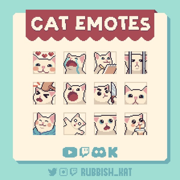 White Cat Emote Bundle | 12 Cute Pixel Art Emotes | Ready to use with Twitch, Discord, Youtube, Kick