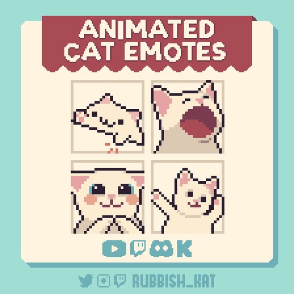 4 White Cat Animated Emote Bundle | Handmade Pixel Art Emotes | Bongo, POPcat, Shy, Dance | Ready to use on twitch, discord, YouTube & Kick