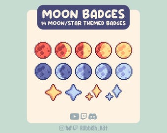 14 Pixel Art Moon Phases & Star Sub lub Bits Badges | Gotowe do użycia | Twitch, Youtube, Discord