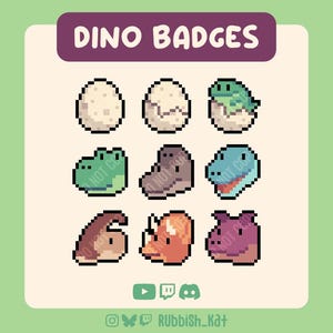 6 insignias de Twitch o Bits con forma de cabeza de dinosaurio en Pixel Art + 3 insignias de huevo / Listas para usar