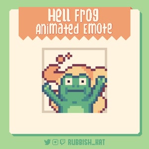 Op de afbeelding: Geanimeerde pixel art emote van een groene kikker met gele vlammen eromheen, met de tekst "Hell Frog Animated Emote" erboven.