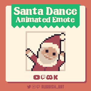 Könnte beinhalten: Animierter Emote eines tanzenden Weihnachtsmanns. Das Bild zeigt einen pixeligen Weihnachtsmann in Rot und Weiß in einem quadratischen Rahmen. Der Text "Santa Dance Animated Emote" steht darüber. Social-Media-Symbole sind unten.