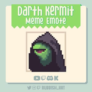 Puede incluir: Una imagen de arte de píxeles de un personaje de Muppet verde que lleva una túnica negra con capucha. El texto "Darth Kermit Meme Emote" está encima de la imagen. Los iconos de redes sociales están debajo de la imagen.