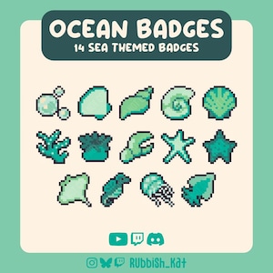 Puede incluir: Ilustración digital con 14 insignias pixeladas con temática marina en tonos verde y turquesa. Las insignias representan elementos marinos como conchas, estrellas de mar y coral. El texto "OCEAN BADGES" y "14 SEA THEMED BADGES" se muestra en la parte superior.