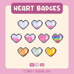 10 Pink Heart Container Sub Badges | Pixel Art Badges ready to use on Twitch, YouTube, Discord & More