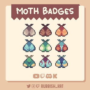 9 Moth Sub or Bits Badges, Cozy Colors, Cute Pixel Art Badges for Twitch, Discord, YouTube, Kick Streaming | Ready to use | Instant Download