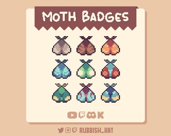 9 odznak Moth Sub lub Bits, przytulne kolory, urocze odznaki w stylu pikselowym na Twitcha, Discorda, YouTube&#39;a i Kick Streaming | Gotowe do użycia | Natychmiastowe pobranie