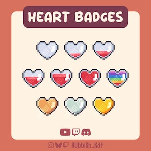 10 Red Heart Container Sub / Bits Badges | Pixel Art Badges ready to use on Twitch, Youtube, Discord & More