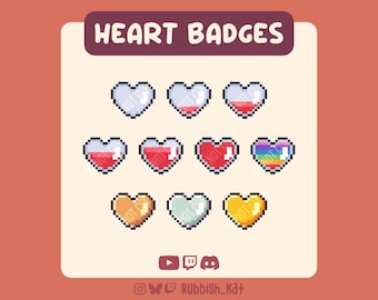 10 czerwonych serc kontenerowych odznak Sub / Bits | Odznaki Pixel Art gotowe do użycia na Twitchu, YouTube, Discordzie i innych platformach