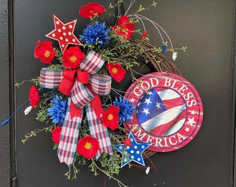 Patriotic Everyday Grapevine Wreath, Summer Garden Wreath for Front Door, Red, White and Blue Wreath