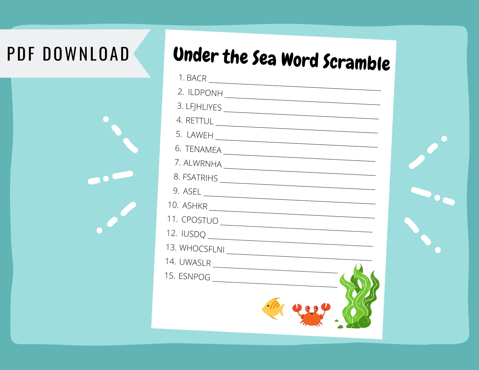 Under the Sea Ocean Fish Word Scramble - Word Game Worksheet Activity Page Printable - Preschool Kindergarten Summer Reading