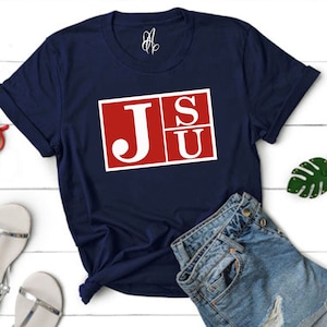 Front and Back JSU Tigers: Navy Unisex T-Shirt with Red Block JSU Tiger Design - Show Your Support for Jackson State University