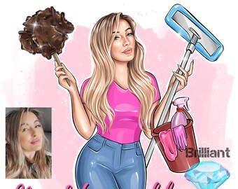 Cleaning Business Logo, Cartoon Portrait, Cleaning Service Logo, Office Cleaner, Housekeeping Logo, Woman Logo, Cleaning Lady, Caricature