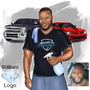 Logotipo del centro de detalles, retrato del logotipo de dibujos animados, logotipo de Detail Masters, logotipo de reparación de automóviles, logotipo de lavadora, logotipo de empresa, hombre de carácter contratista