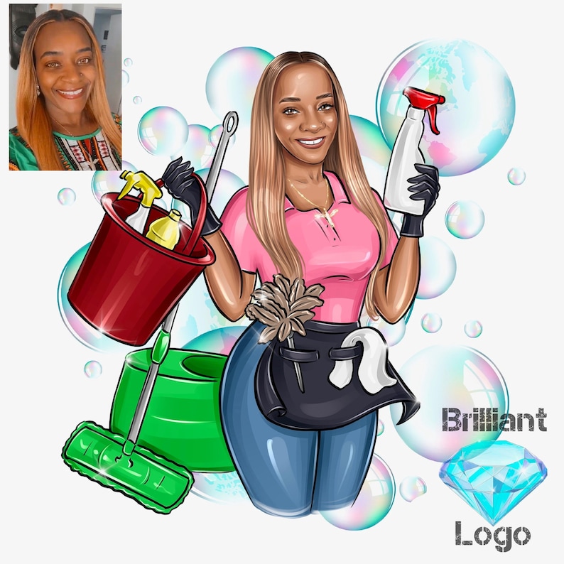 Cleaning Business Logo, Cartoon Portrait, Cleaning Service Logo, Office Cleaner, Housekeeping Logo, Woman Logo, Cleaning Lady, Caricature