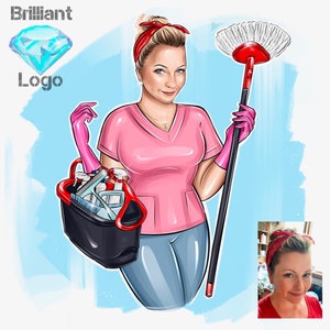 Cleaning Business Logo, House Chores Logo, Cartoon Logo Design, Office Cleaner Logo, Housekeeper Logo, Portrait Logo, Maid Service Logo