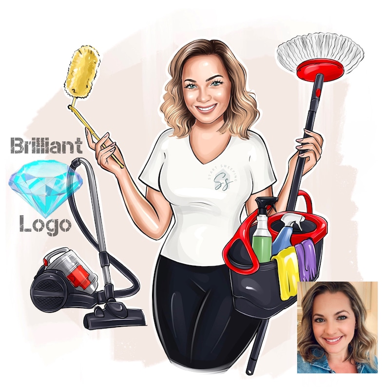 Cleaning Business Logo, Cartoon Portrait, Cleaning Service Logo, Office Cleaner, Housekeeping Logo, Woman Logo, Cleaning Lady, Caricature