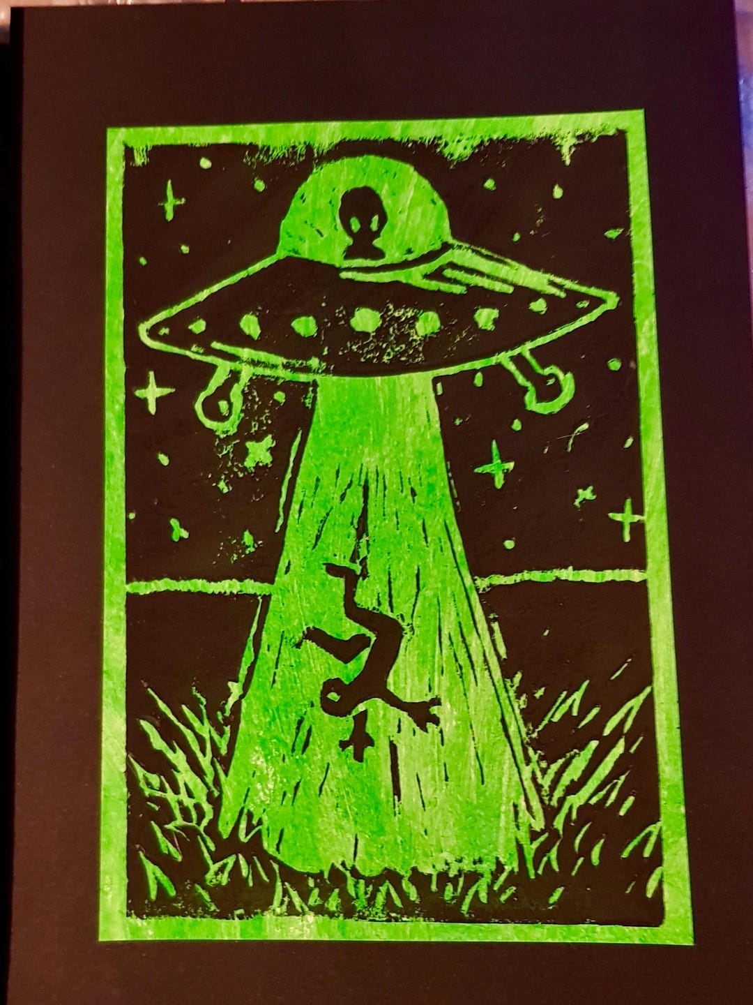 Green Alien Abduction Linocut Art Print - Etsy