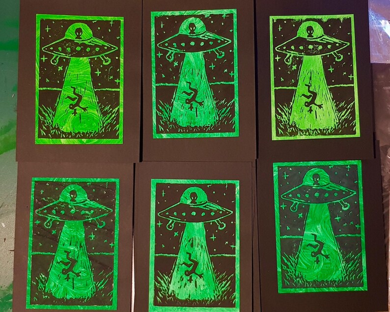 Green Alien Abduction Linocut Art Print - Etsy UK