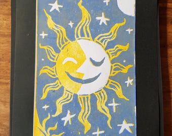 Sun and Moon 90s Celestial inspired Lino print art