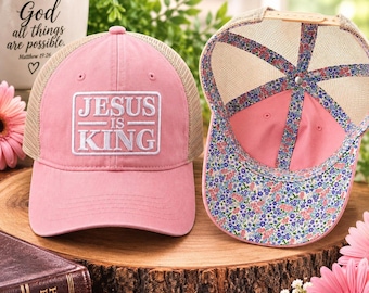 Jesus Is King Trucker Hat Christian Baseball Cap Men Gift Religious Faith Worship Embroidered Design Vintage Cotton Mesh Back Breathable